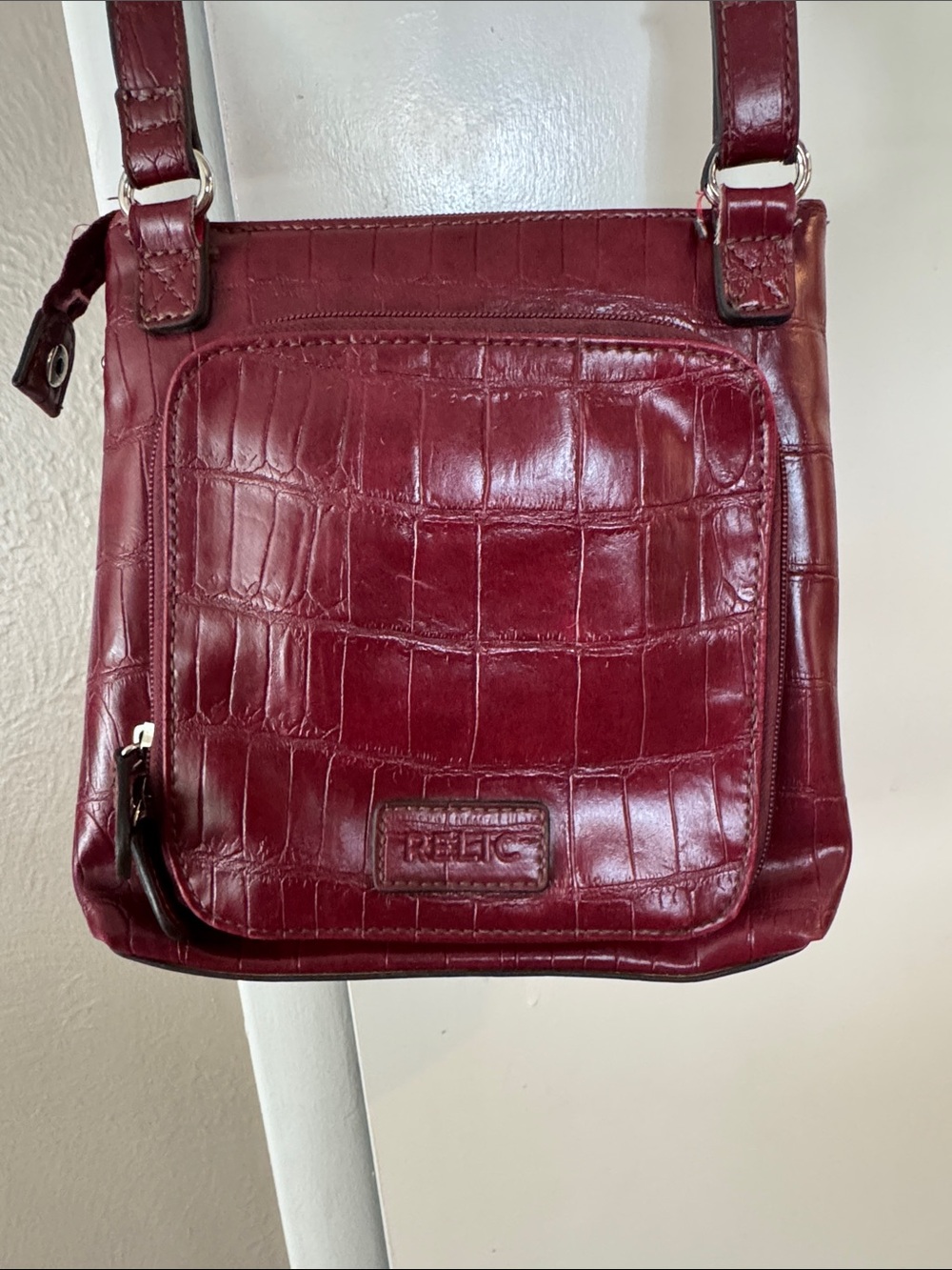 Relic Burgundy Croc-Embossed Crossbody Bag